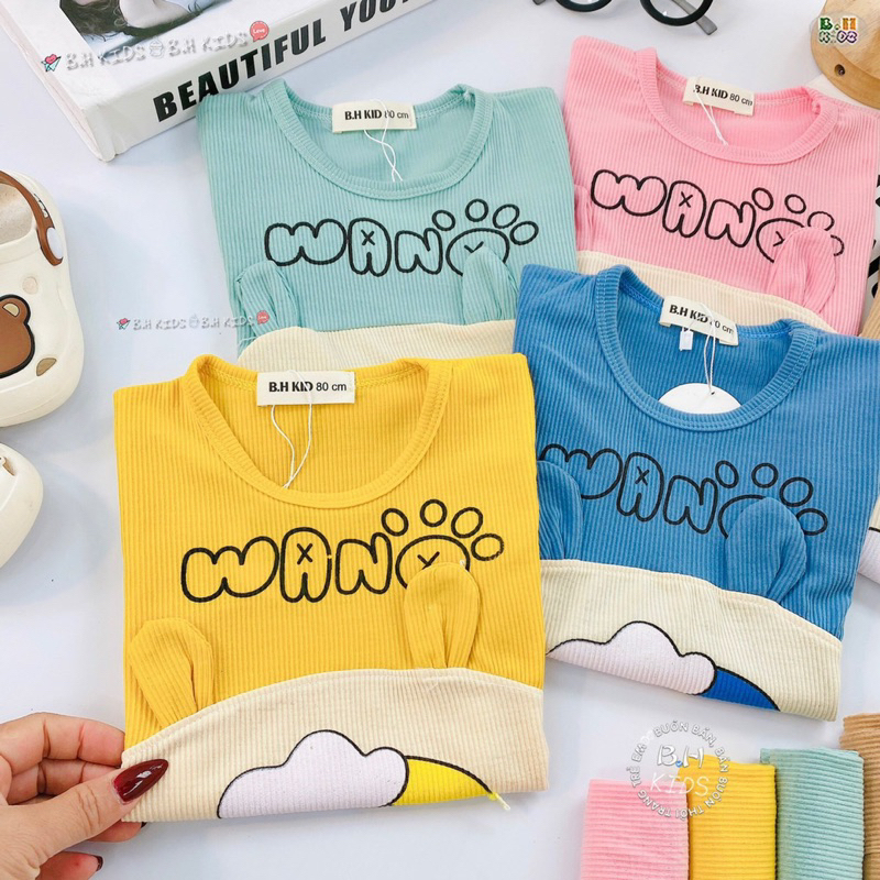 Bộ Cộc Tay Cho Bé, Bộ Tăm Lạnh Phối Màu Tai Cừu Đáng Yêu Cho Bé Trai Bé Gái Từ 7-16kg