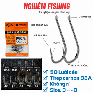  【 Lưỡi Câu Cá  50 Lưỡi Câu Làm Từ Cacbon 82A Đai Dẹp Không Rỉ Nhiều Kích Cỡ   # LC - 002   