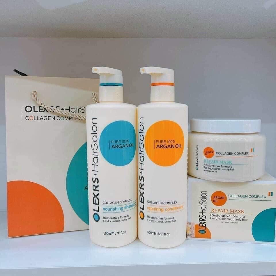 Cặp Dầu Gội Xả Olexrs Hair Salon  Pure 100% Argan Oil Collagen 500ml Cho Tóc Khô Hư Tổn shop Hong1008