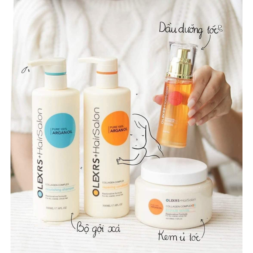 Cặp Dầu Gội Xả Olexrs Hair Salon  Pure 100% Argan Oil Collagen 500ml Cho Tóc Khô Hư Tổn shop Hong1008