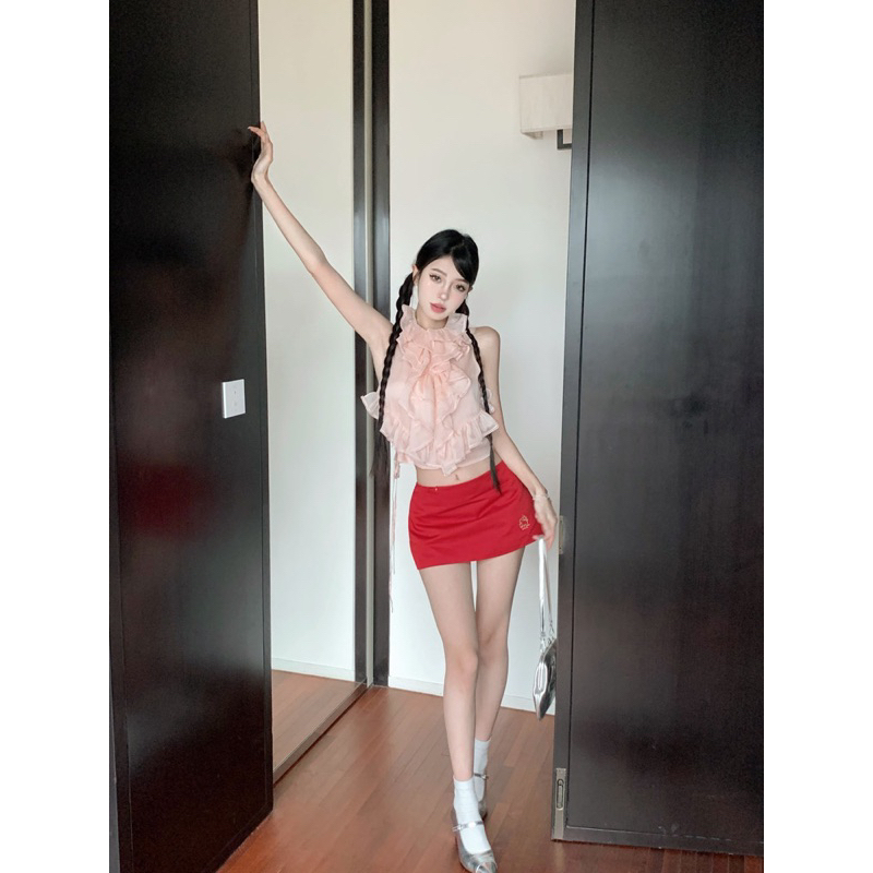 ROSALEE Set áo voan hồng bèo nhún và váy cạp trễ lạ mắt cá tính cho nữ Lenisa Skirt