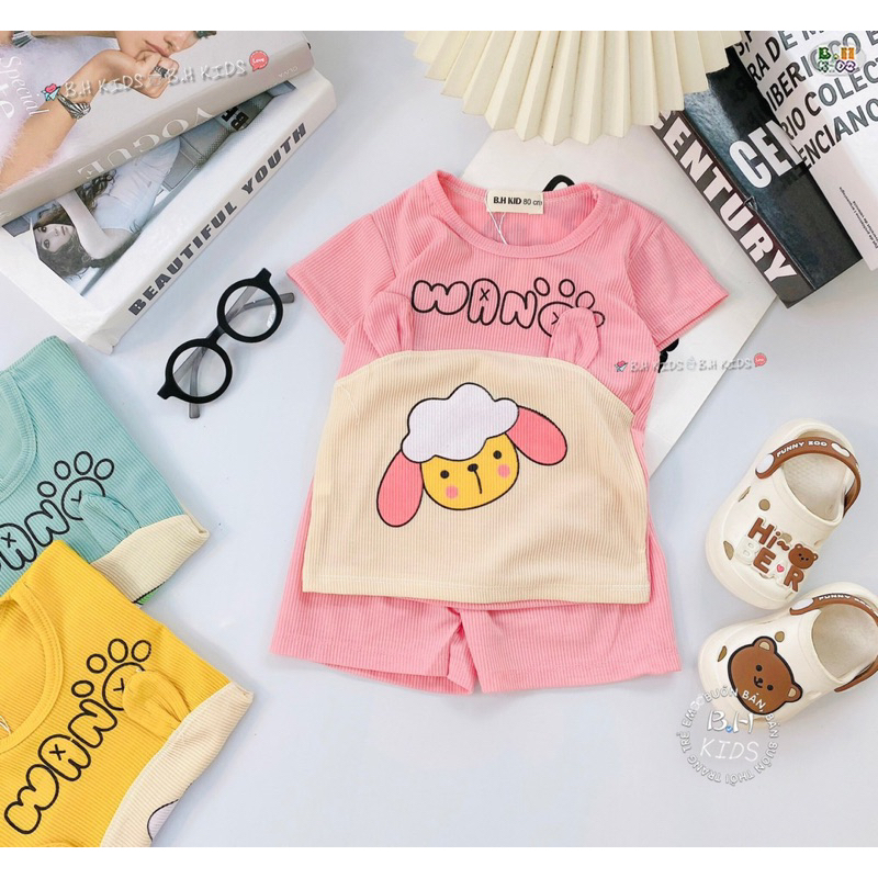 Bộ Cộc Tay Cho Bé, Bộ Tăm Lạnh Phối Màu Tai Cừu Đáng Yêu Cho Bé Trai Bé Gái Từ 7-16kg