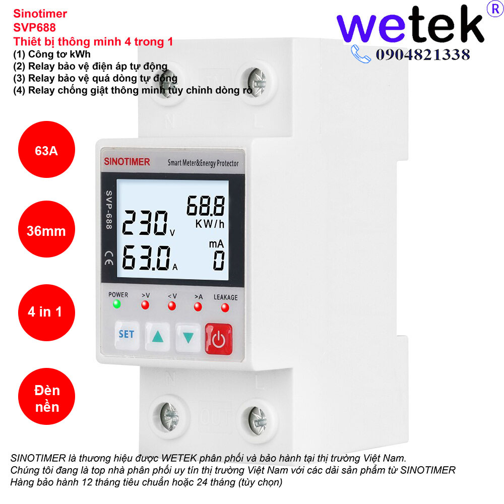 SVP688 Sinotimer Công tơ chống giật thông minh 4 TRONG 1 , BH12T, 220V 63A