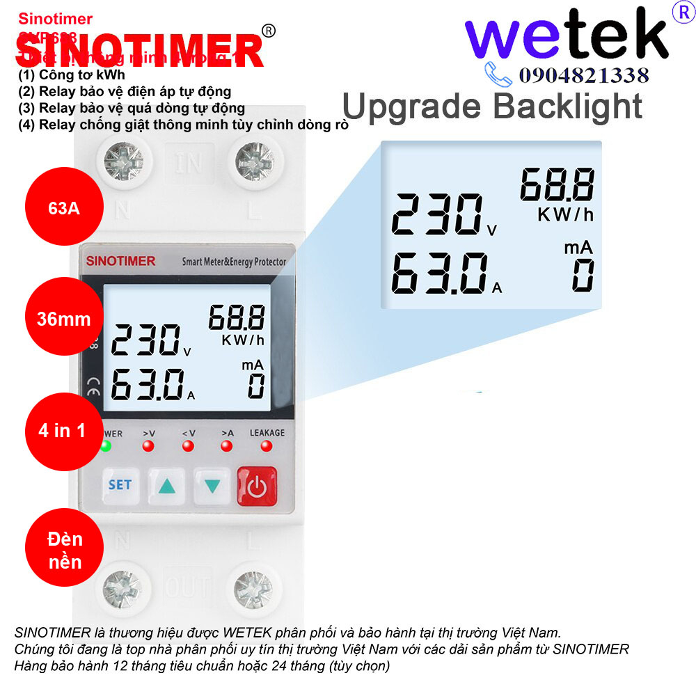 SVP688 Sinotimer Công tơ chống giật thông minh 4 TRONG 1 , BH12T, 220V 63A