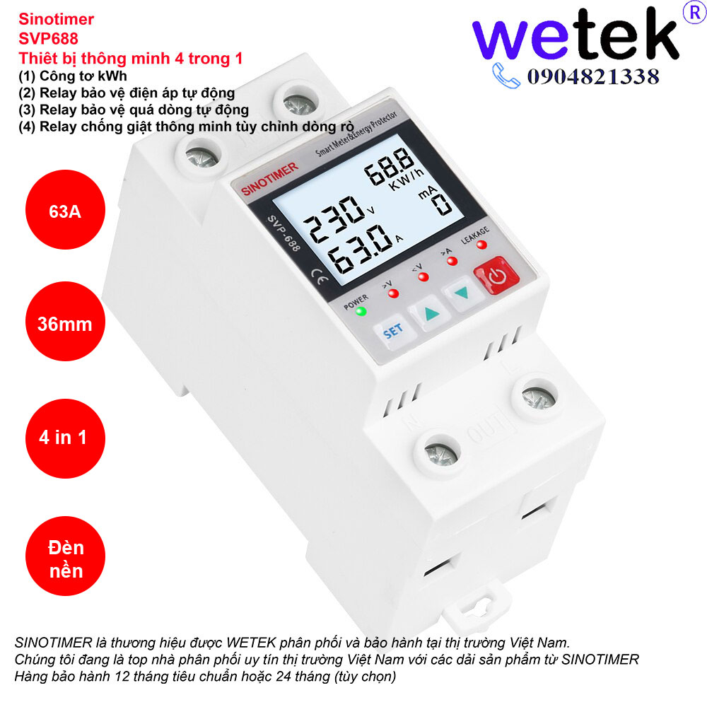 SVP688 Sinotimer Công tơ chống giật thông minh 4 TRONG 1 , BH12T, 220V 63A