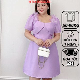 Váy đầm bigsize nữ dự tiệc đi chơi kiểu bông vai chất tata HTM 50-90 kg