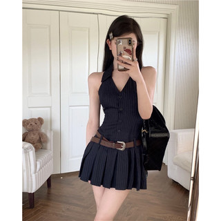 Váy polo không tay kẻ sọc, đầm polo nữ sơ mi kết hợp chân váy xếp ly quảng châu Đầm nữ cổ yếm sơmi Váy sát nách xếp ly