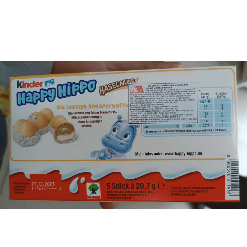 Bánh Socola quế với kem hạt dẻ Kinder happy hippo TRẮNG hộp 100g 5 thanh