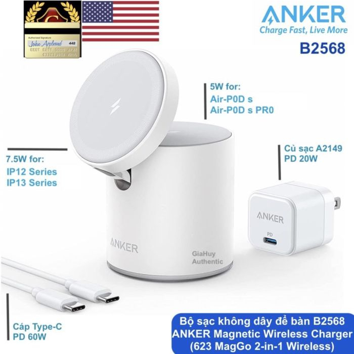 Bộ sạc không dây để bàn ANKER B2568 Magnetic Wireless Charge  dành cho iP 12 / iP 13 và tai nghe
