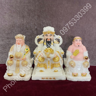 Bộ ba ông quan thần lộc, thần tài, thổ địa thờ cúng phong thủy, Thần tiền, tài địa đá trắng vân xanh cao cấp