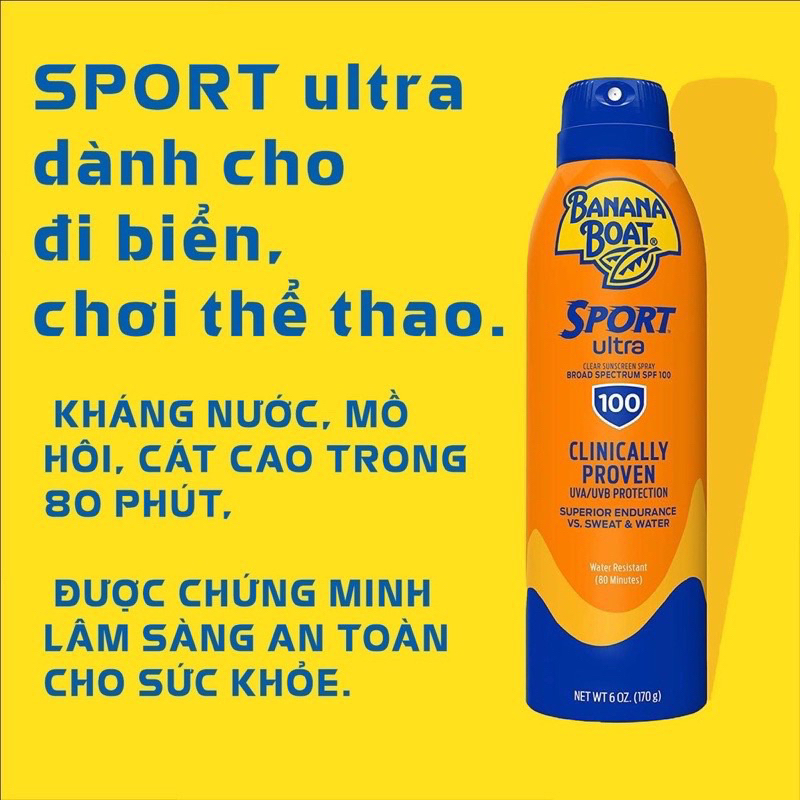 Bình Xịt Chống Nắng Thể Thao Banana Boat Sport  Chai 170ml / Hàng chuẩn Mỹ bảo vệ da và tia UV