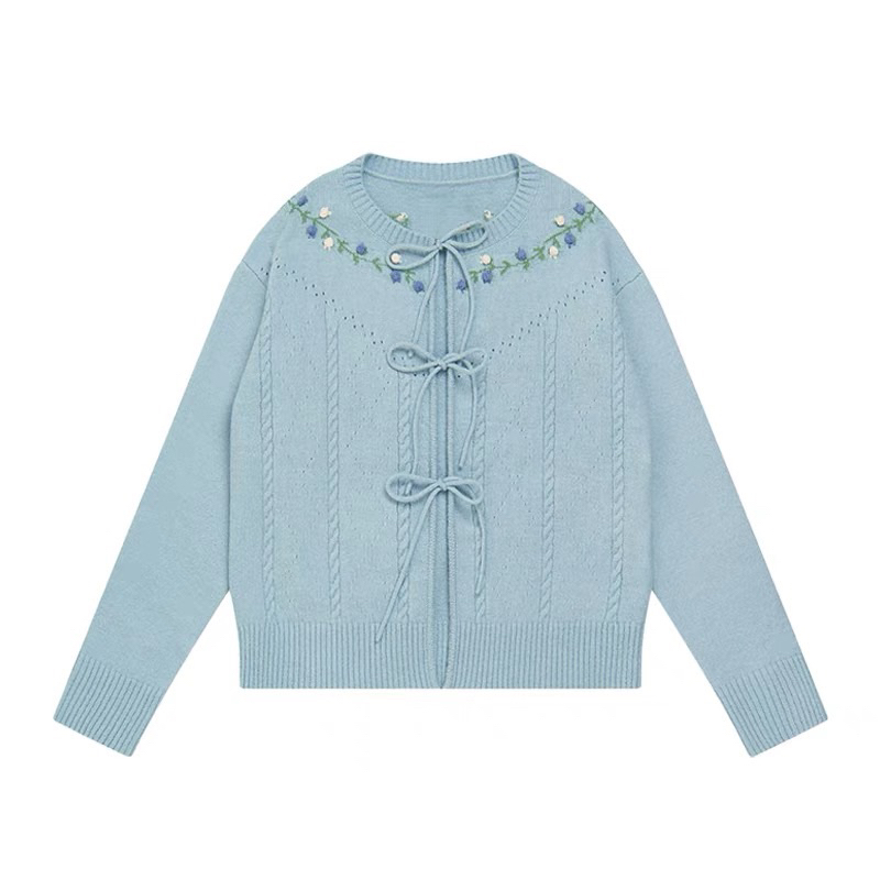 Áo cardigan xanh len dệt kim hoạ tiết hoa