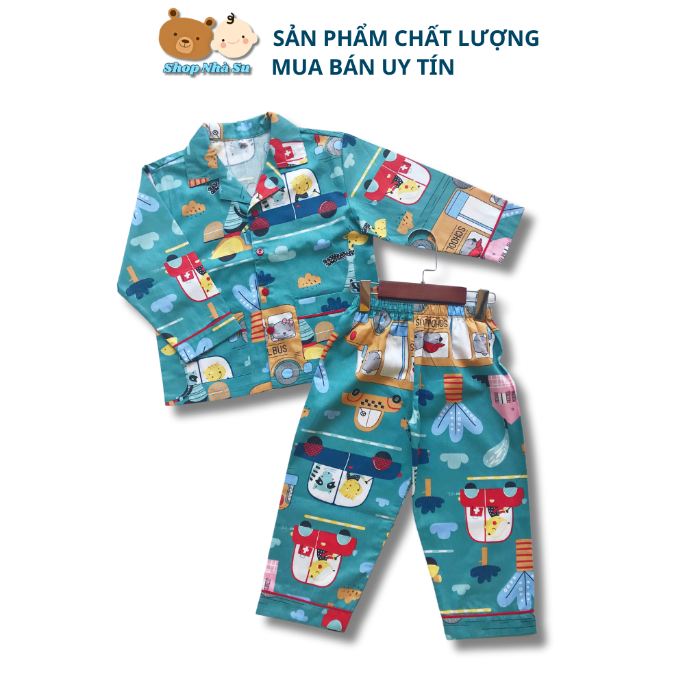 Pijama dài cho bé vải Thô đẹp 100% cotton hút mồ hôi hình School Bus size bé 1-9 tuổi 10-40kg