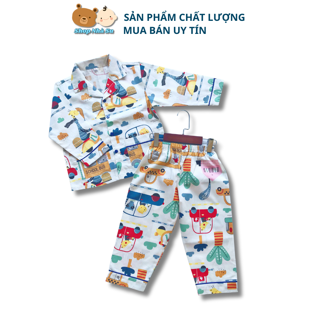 Pijama dài cho bé trai bé gái mặc ngủ vải Thô cotton hút mồ hôi hình Xe Bus trường học ngộ nghĩnh size 1-9 tuổi 10-40kg