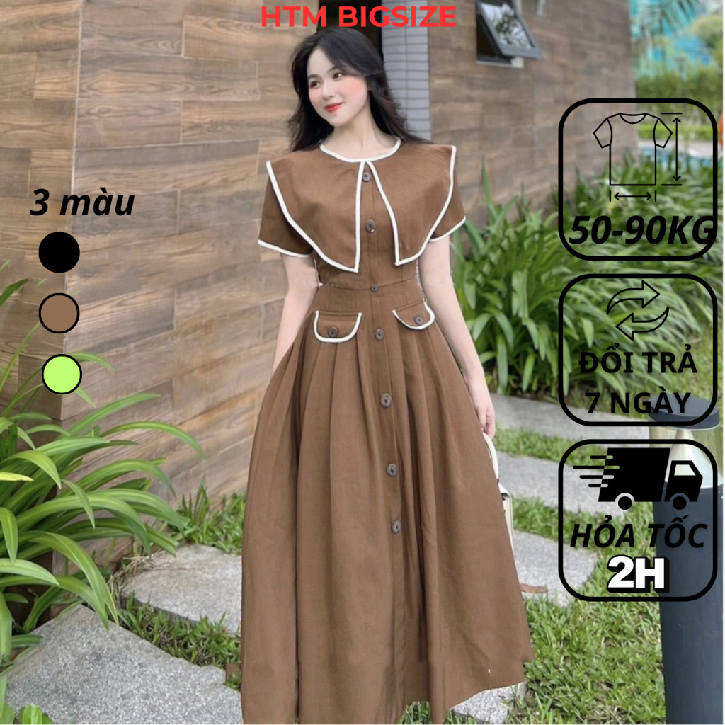 Váy đầm bigsize nữ dự tiệc đi chơi kiểu viền cổ nhọn HTM 50-90 kg