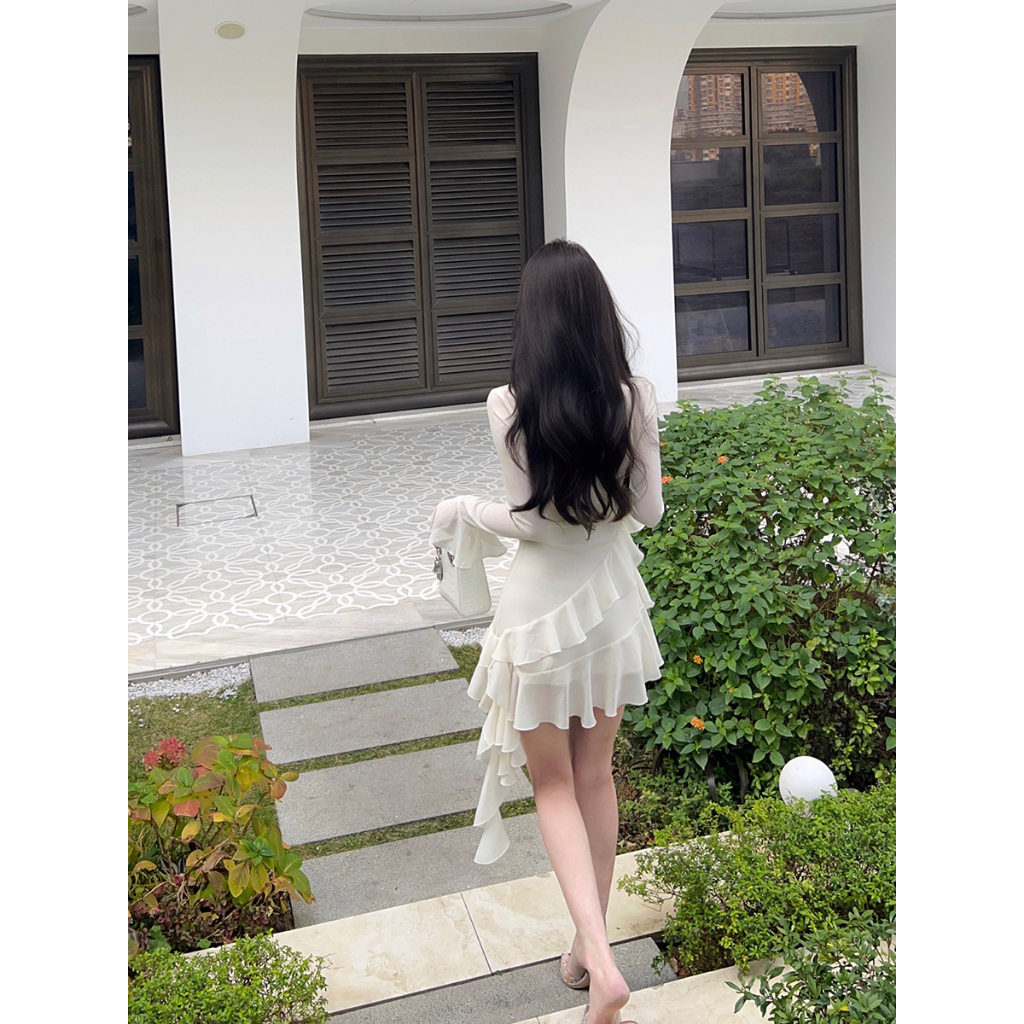 VÁY ĐẦM BODY DÁNG A PHỐI BÈO DÀI TAY LOE TGFASHION