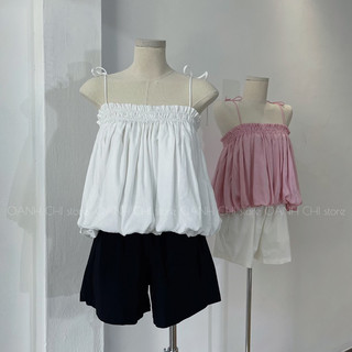 Áo hai dây dáng bí vải lụa đũi mềm nhẹ bồng xoè