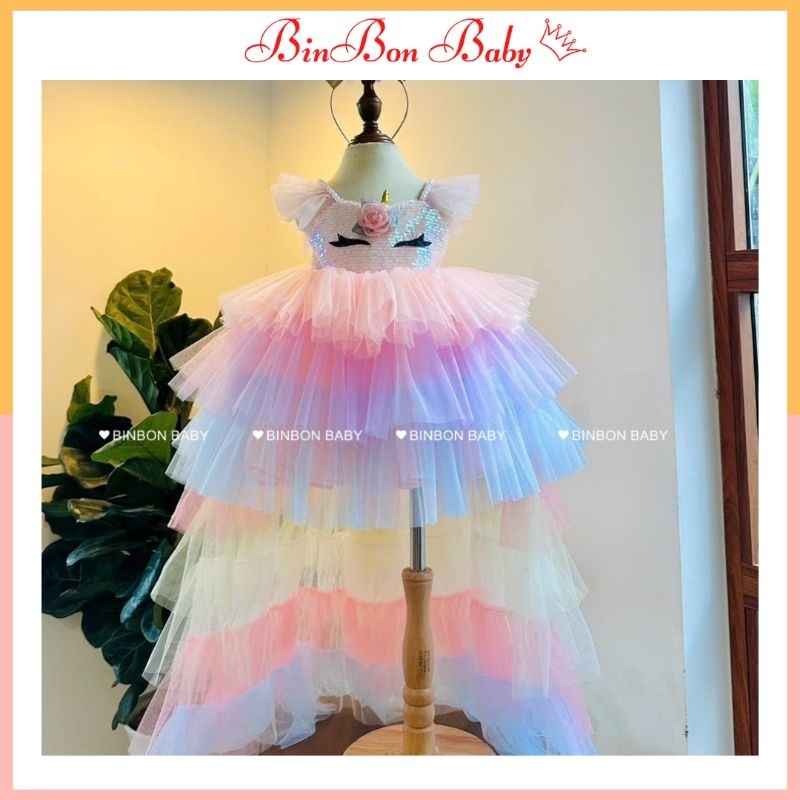 Váy công chúa cho bé BINBON BABY, đầm unicorn cầu vồng cho bé gái