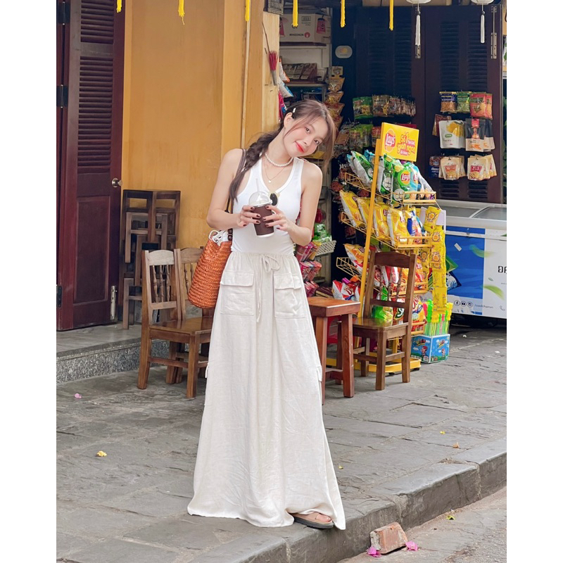 Ruly.studio - Chân váy Linen dày form dài be