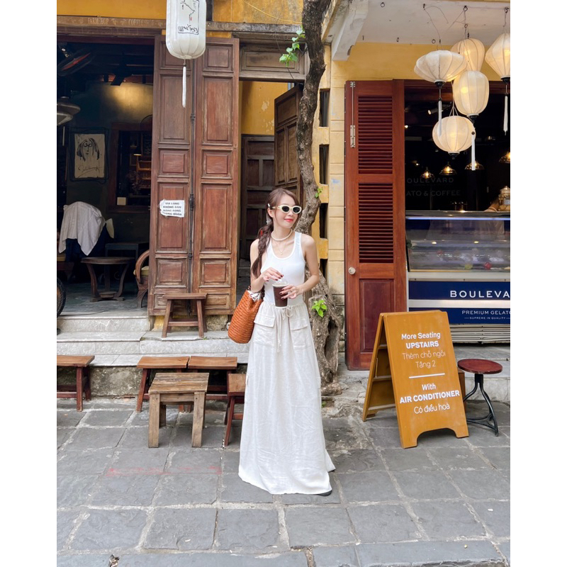 Ruly.studio - Chân váy Linen dày form dài be