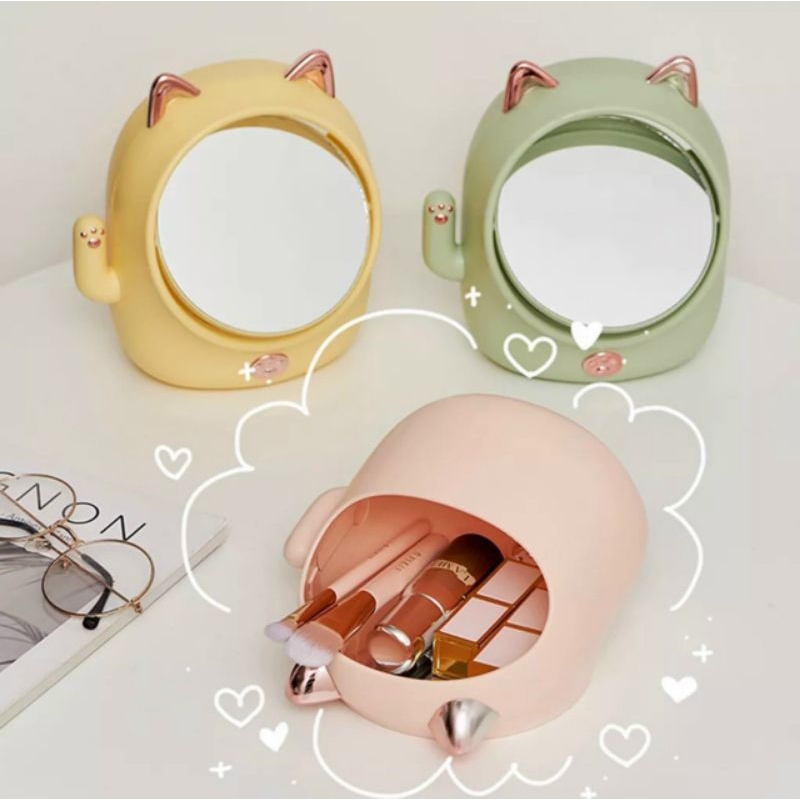 Gương Trang Điểm Để Bàn Có Khay Đựng Đồ Xoay Được Hình Mèo Dễ Thương Phong Cách