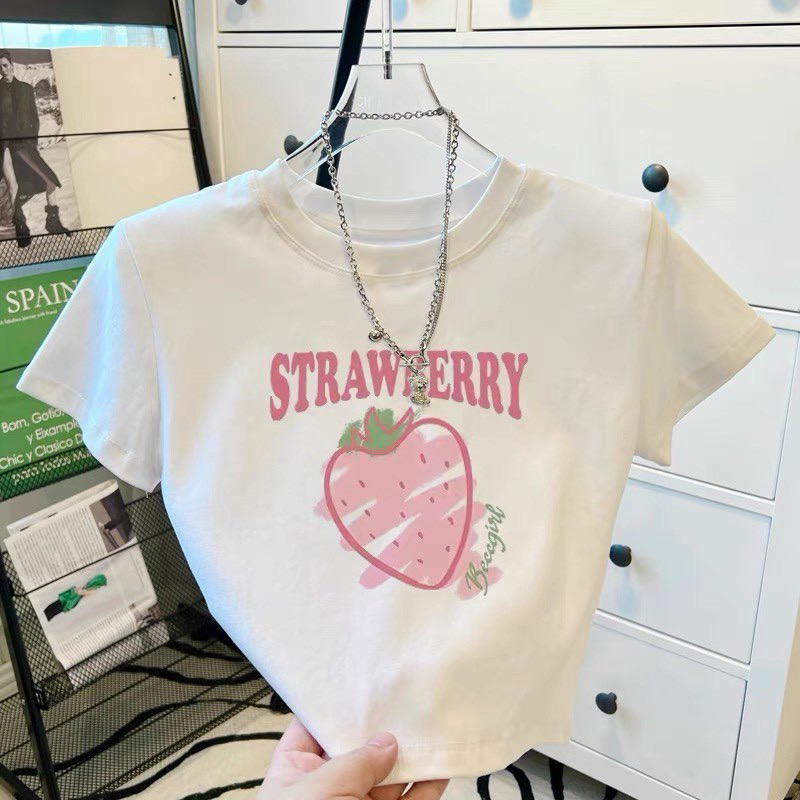 Áo croptop dâu tây, Áo baby tee thun nữ cổ tròn ôm body