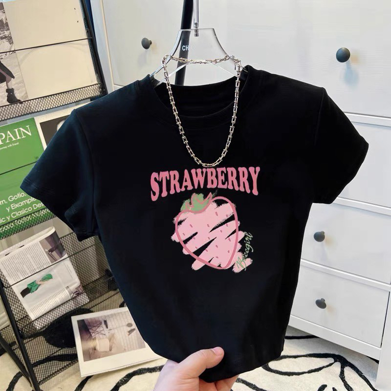 Áo croptop dâu tây, Áo baby tee thun nữ cổ tròn ôm body