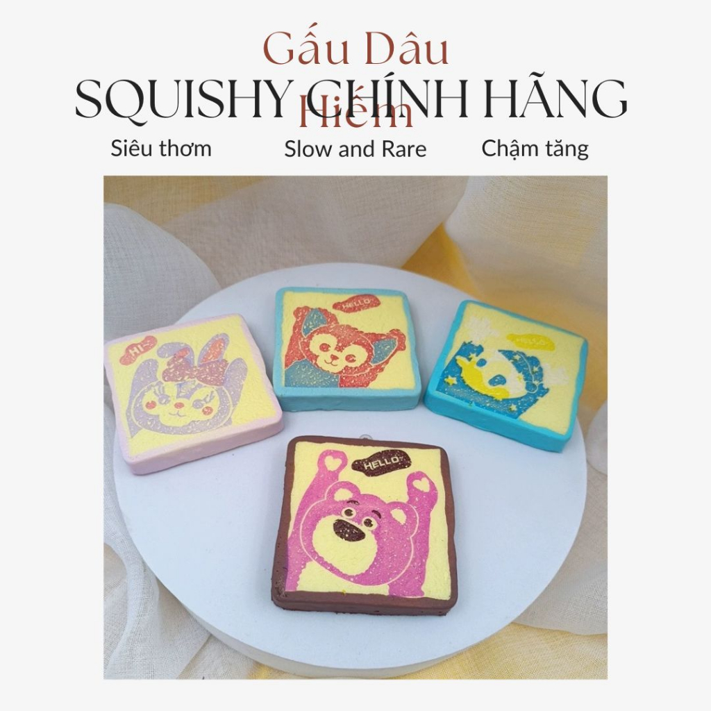 Đồ chơi squishy chính hãng gấu dâu đồ chơi bóp tay giảm stress căng thẳng chậm tăng hình vuông 6cm