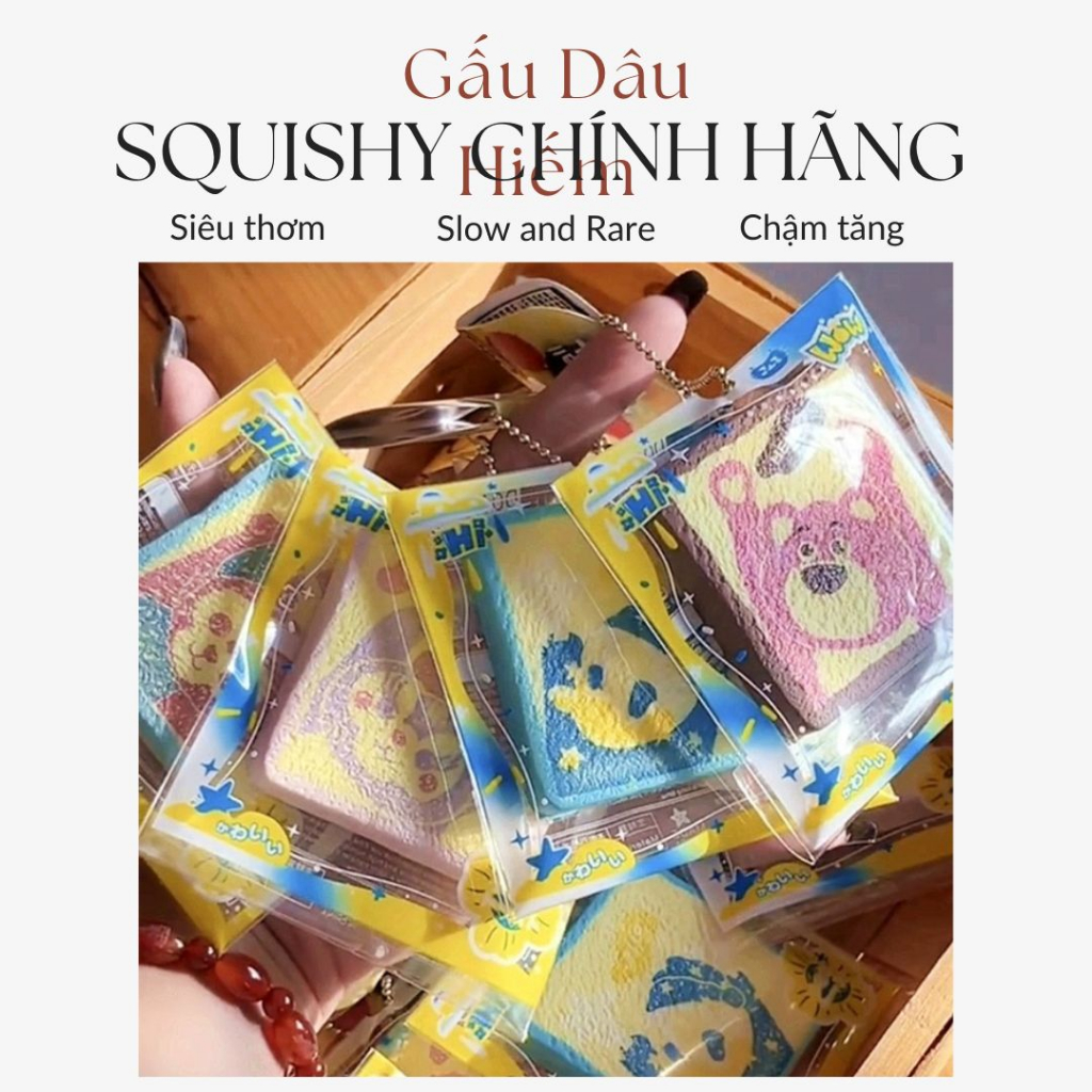 Đồ chơi squishy chính hãng gấu dâu đồ chơi bóp tay giảm stress căng thẳng chậm tăng hình vuông 6cm