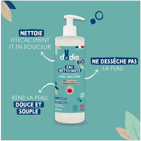 Nước làm sạch Dodie hữu cơ cho bé từ sơ sinh - Eau Nettoyante lau mặt, body, thay tã không cần rửa lại nước