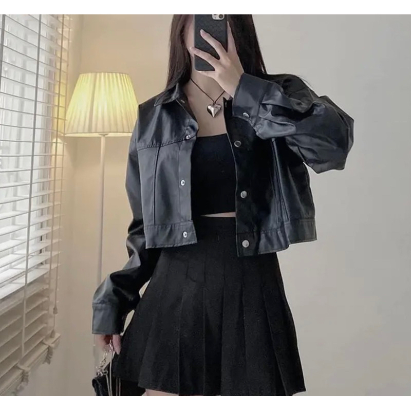 Áo khoác da croptop basic, áo khoác da nữ phong cách cá tính trẻ trung năng động mặc đi chơi đi học đi làm