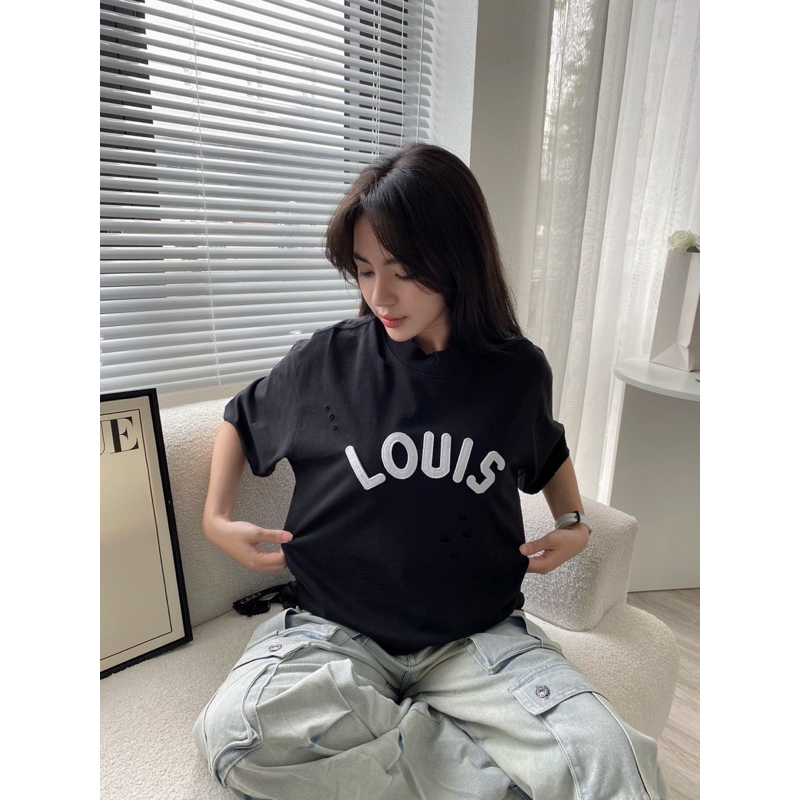 Áo thun - Louis Vuitton - LV 00 chữ thêu da black and white