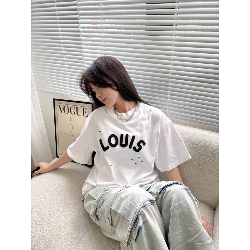 Áo thun - Louis Vuitton - LV 00 chữ thêu da black and white