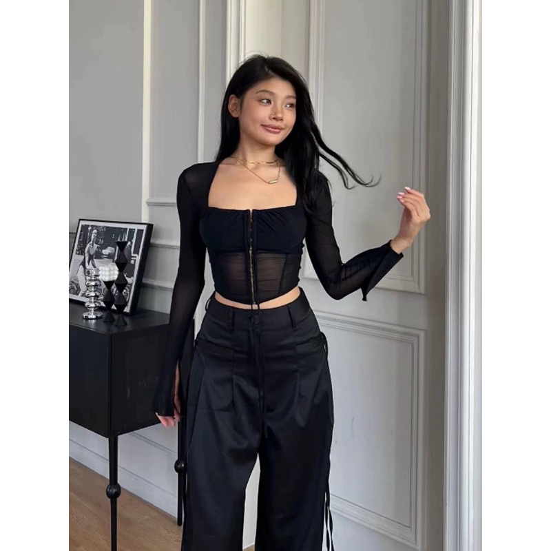 Áo lưới thiêt kế phong cách âu mỹ tôn dáng nẹp cài