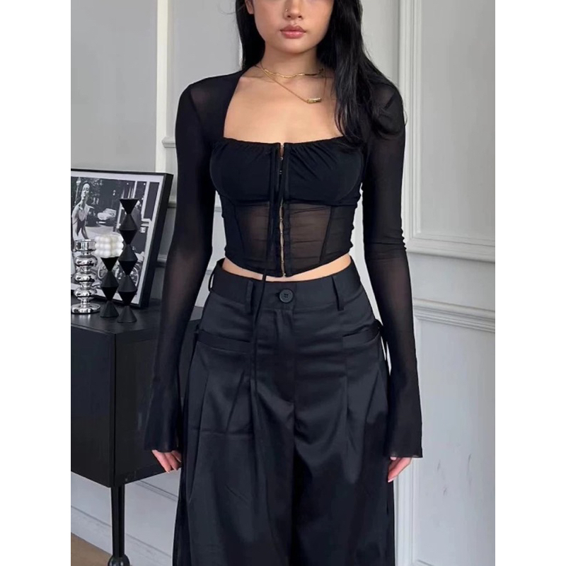 Áo lưới thiêt kế phong cách âu mỹ tôn dáng nẹp cài