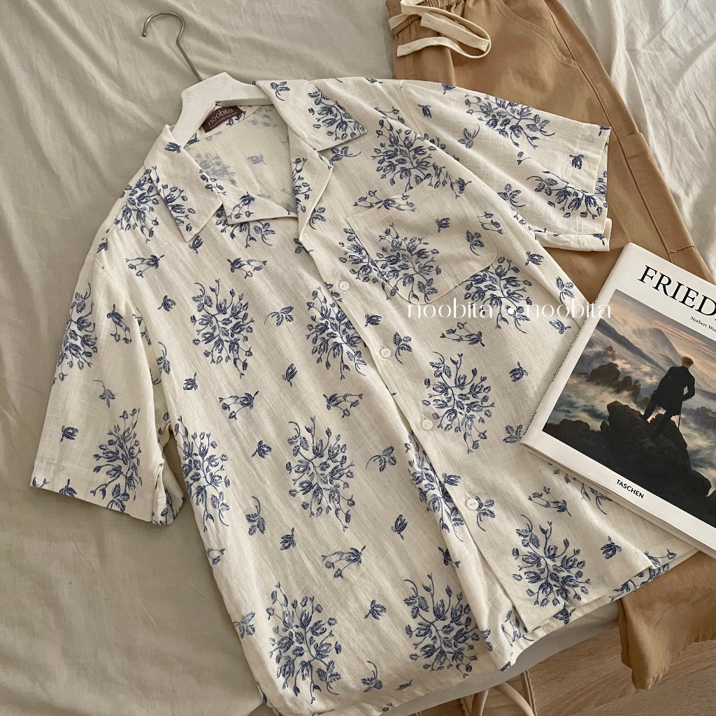 NOOBITA - Sơ mi tay ngắn cổ vest hoạ tiết hoa xanh 8009