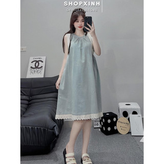 Đầm suông phối ren, váy bò cổ tròn phối viền ren shopxinh888888