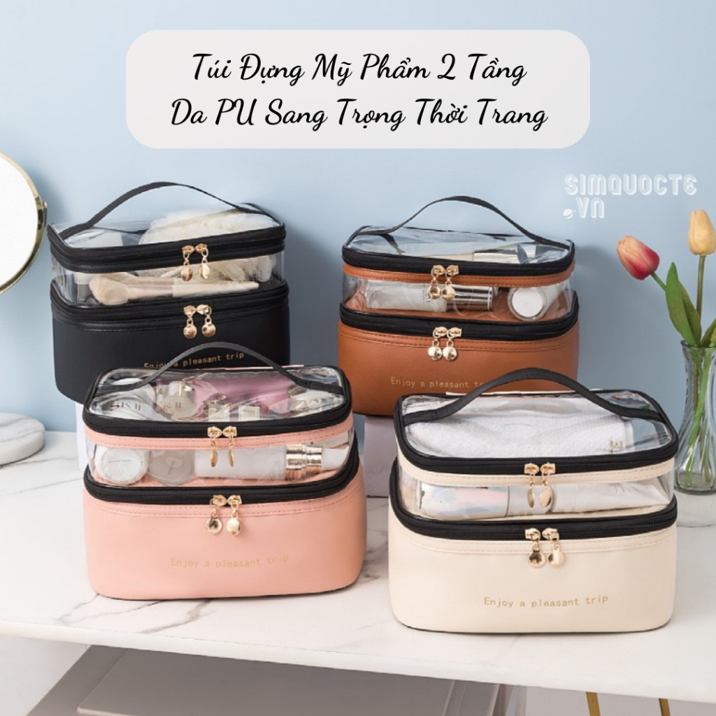 Túi đựng mỹ phẩm đồ trang điểm 2 tầng bọc da PU chống nước đi du lịch màu pastel thiết kế sang trọng thời trang TMP50