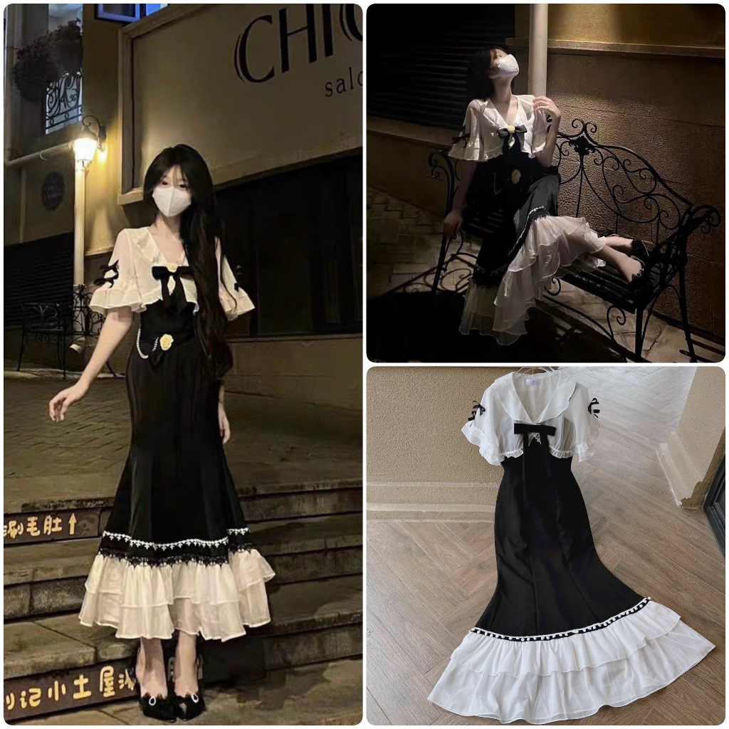 SET 2 MÓN ĐẦM ĐEN ĐUÔI CÁ 2 DÂY + ÁO NGOÀI ĐÍNH NƠ PHỐI REN
