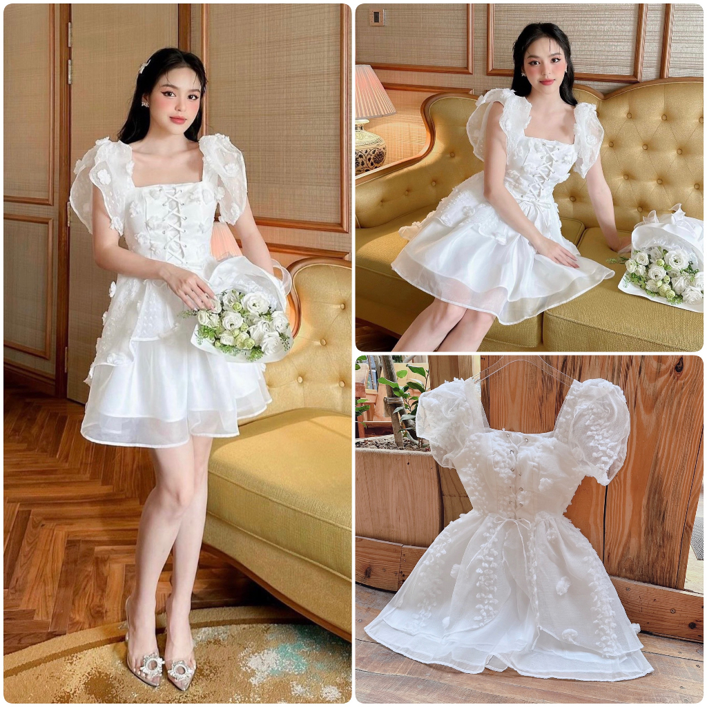 ĐẦM XÒE TRẮNG TẦNG TAY CÁNH TIÊN REN HOA NỔI ĐAN DÂY