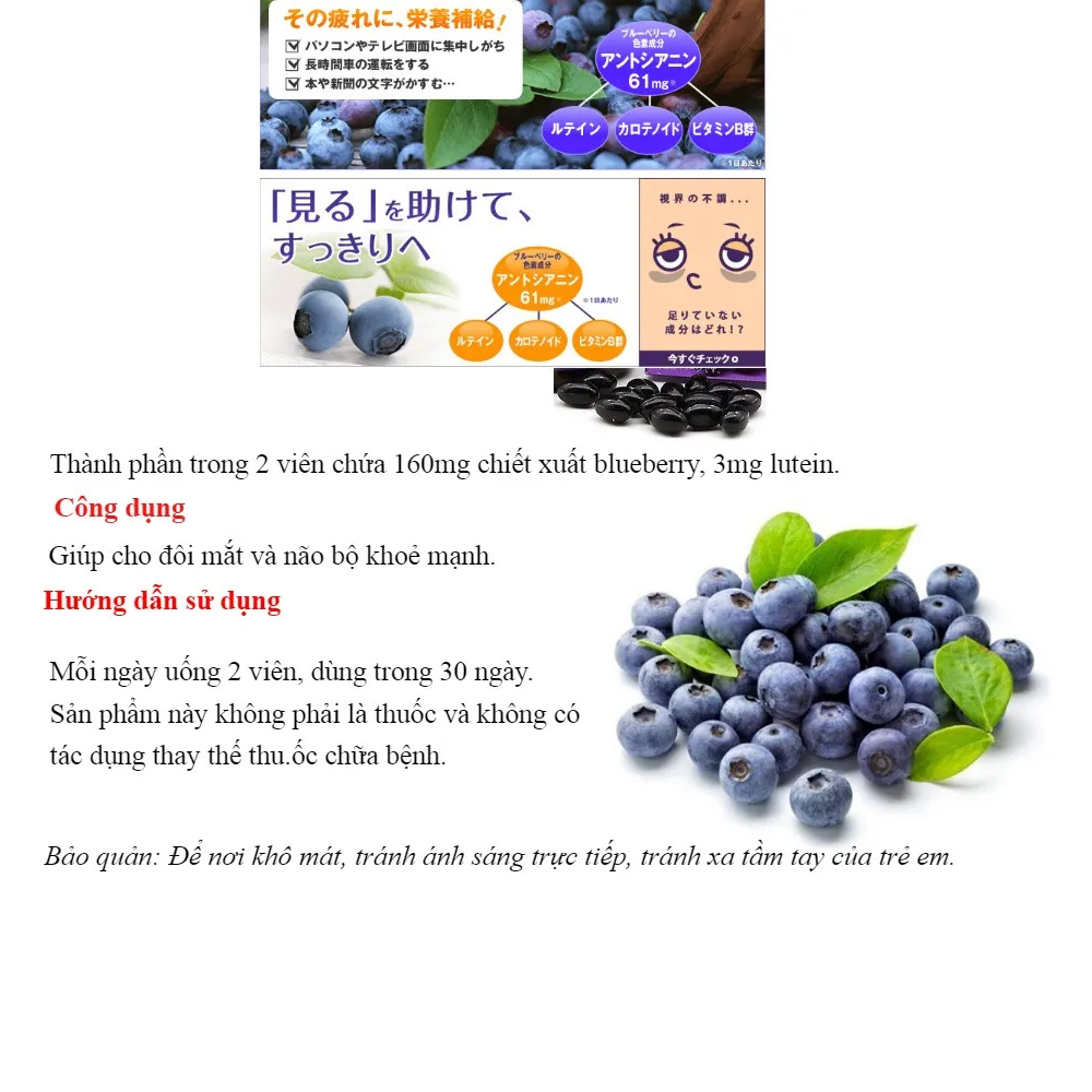 Viên uống bổ mắt việt quất NOGUCHI MEIJI BLUEBERRY & LUTEIN nội địa Nhật Bản