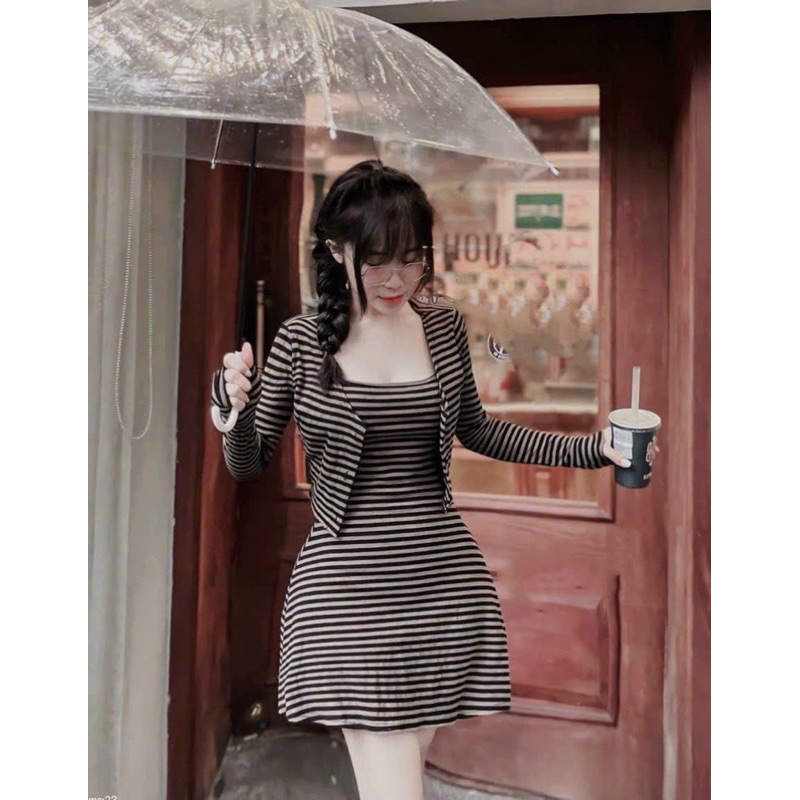 Set Đầm 2 Dây Sọc Xoè Kèm Áo Khoác Ngắn Tiểu Thư Set Váy 2 Dây Xoè Thun Gân - Thời Trang Nữ Giá Rẻ