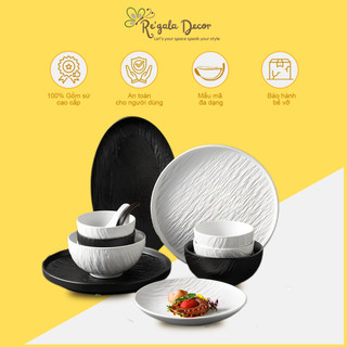 Bộ Bát Dĩa Sứ vân Đá Re'gala Decor - Set Bát Đĩa  Gốm Cao Cấp, phong cách Nhật Bản,chất sứ dày dặn, tự nhiên, sang trọng