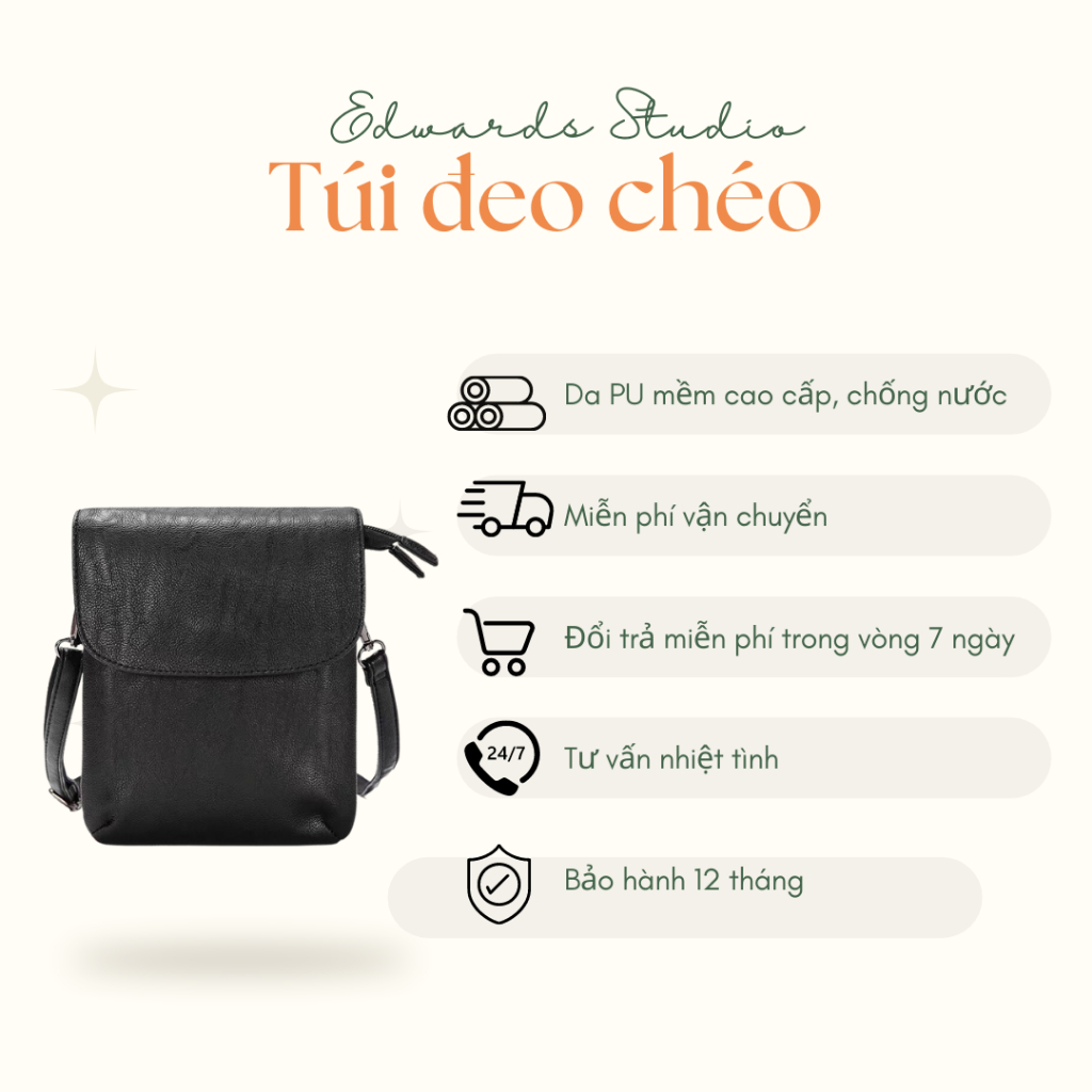 Túi vuông đeo chéo nam Edwards đen trơn bóng da PU cao cấp dây đeo tháo rời