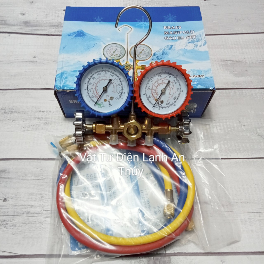 Đồng hồ nạp gas đôi hộp xanh dương - Đồng hồ sạc gas đôi - Đồng hồ đôi đo áp suất gas máy lạnh