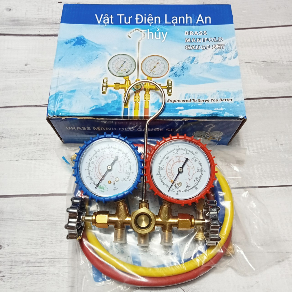 Đồng hồ nạp gas đôi hộp xanh dương - Đồng hồ sạc gas đôi - Đồng hồ đôi đo áp suất gas máy lạnh