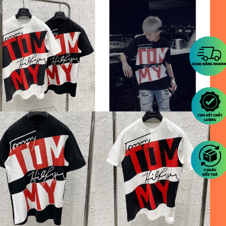 Áo thun tay lỡ T.o.m.m.y Chữ Chéo đỏ Phối Trắng Đen QUANAOPHUKIEN -Áo phông freesize nam nữ unisex form rộng chất cotton