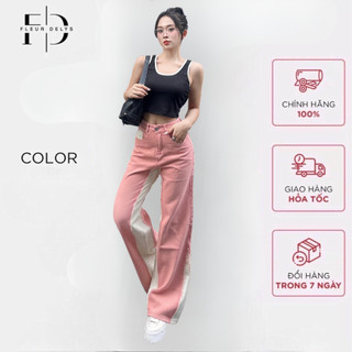 Quần jeans ống suông rộng nữ Delys màu hồng phối viền trắng kem cá tính