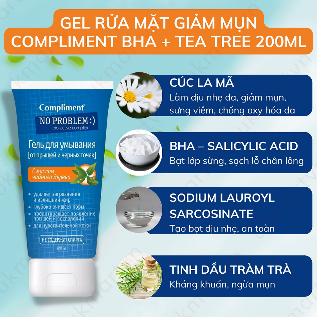 Sữa Rửa Mặt Ngừa Mụn Compliment No Problem BHA + TEA TREE cho da nhạy cảm  200ml