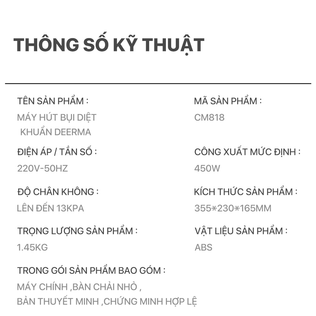 Máy hút bụi nệm giường Diệt khuẩn Tia UV và Khí nóng, Lực hút 13000Pa - 450Wats Deerma CM818
